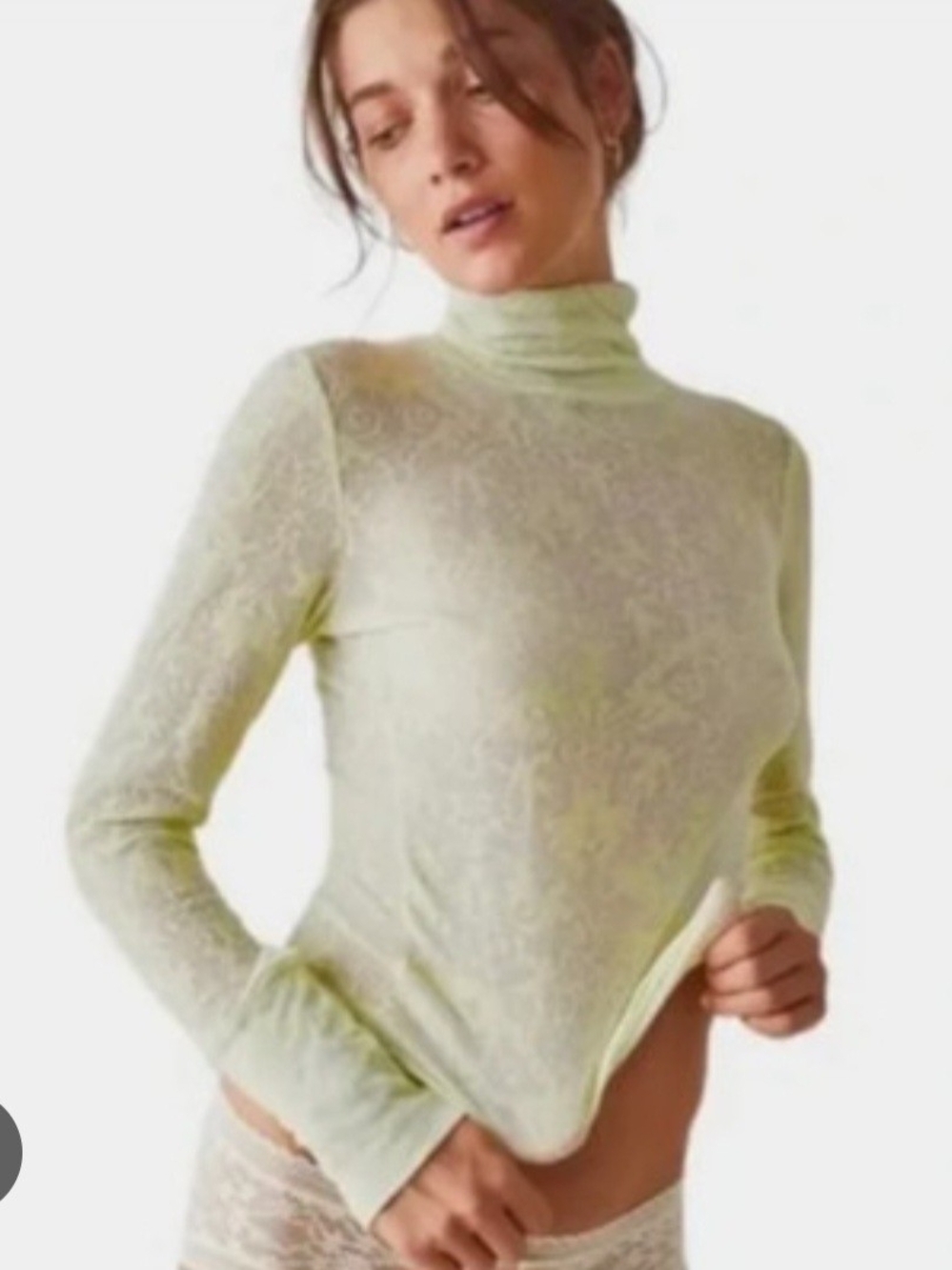 Free People Pale Green Lace-Texture Turtleneck Long Sleeve Top